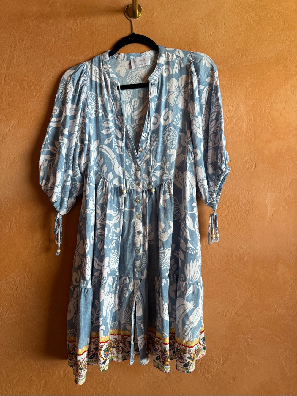 Iris Maxi Blue Tropical Floral Button Front Mini Dress Small